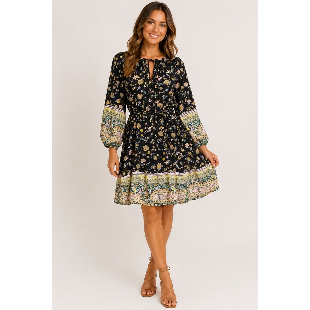 Self Contrast Floral Boho Mini Dress S Black Paisley Print Balloon Sleeve USA